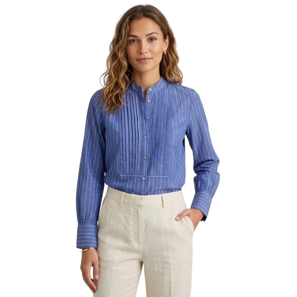 Alex Mill Eloise Bib Tuxedo Shirt Blue Pinstripe Cotton Sz M Coastal Grandmother
